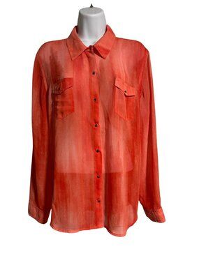 Chicos Sheer Button-Up Collared Blouse With Pockets Size 2 Red US L 12 Coral